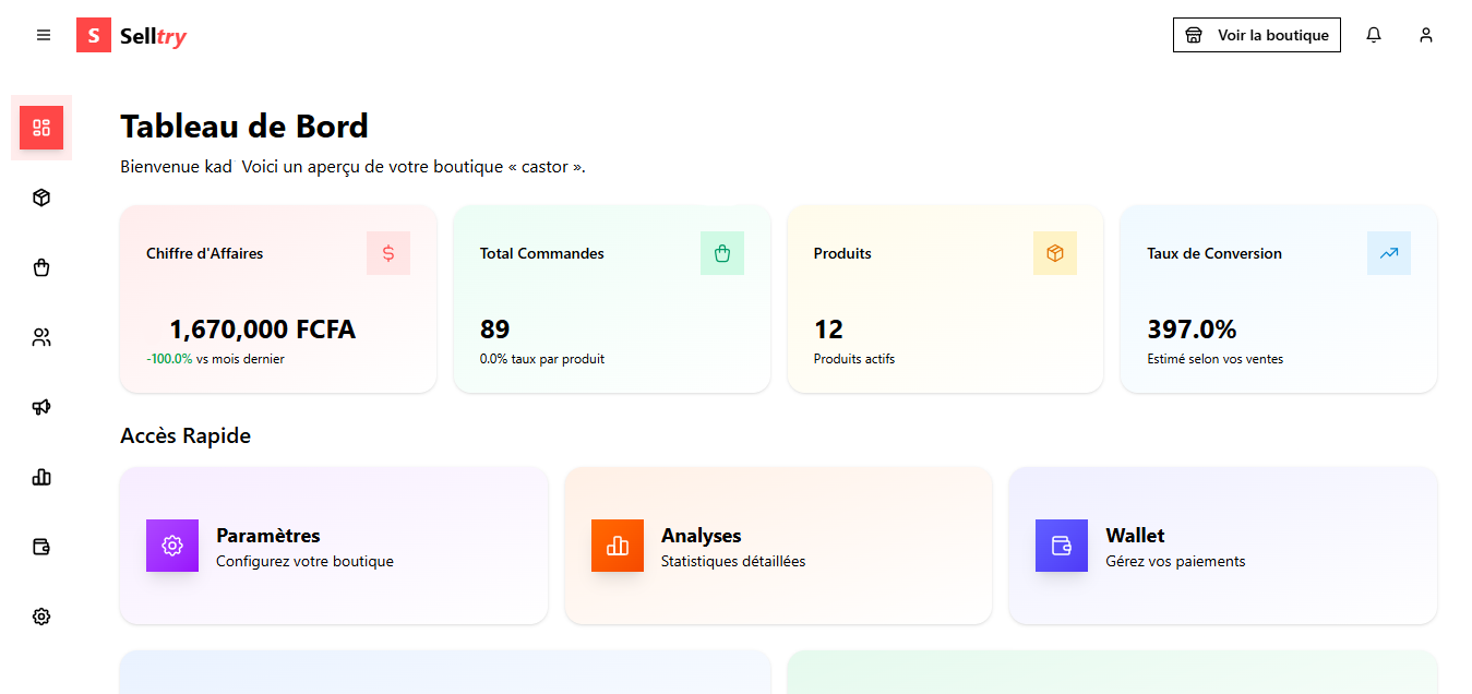 Dashboard Selltry - Interface de gestion complète